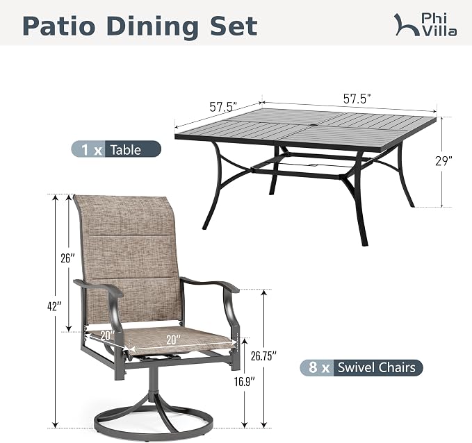 PHI VILLA Outdoor Dining Set for 8, Square Table & High Back Swivel Chairs | Padded Textilene, High back & Ergonomic, Metal table, Umbrella hole, Weather resistant, Heavy-duty, Patio backyard deck