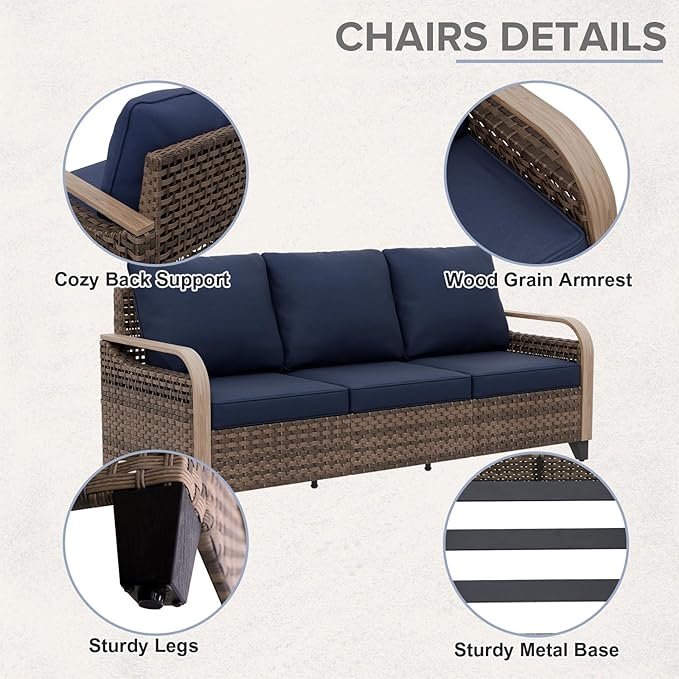 COOS BAY Modern Wicker Outdoor Furniture Set, 5 Piece Patio Conversation Set with 2 Patio Chairs, a 3 Seat Couch and 2 Ottomans, 5 Piece, Brown/Blue