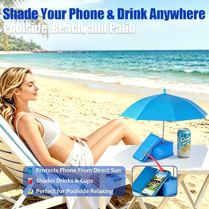 Poolside Phone & Drink Shade Umbrella with Water-Fill Base Touchscreen Phone Pouch Adjustable 19.7" Canopy Portable Sun Shade for Pool Beach Patio Backyard & Camping Carry Bag Included