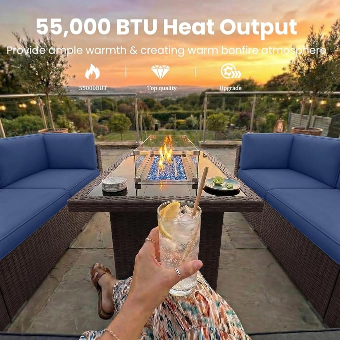 8 Pieces Patio Furniture Set with 44" Propane Gas Fire Pit Table, Outdoor Sectional Brown Rattan Wicker Conversation Sofa Sets with Coffee Table