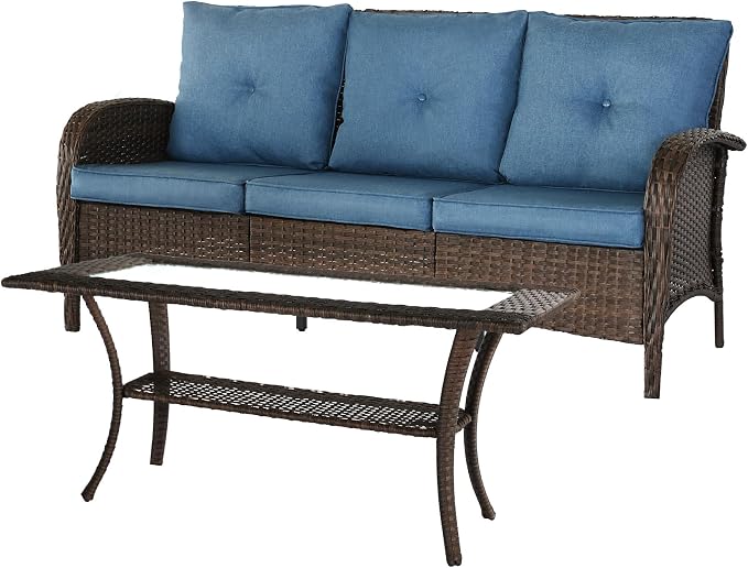 YLGJ&TIDY Outdoor Furniture 2PCS Set All-Weather Brown Wicker Patio Conversation Set 3 Seater Rattan Sofa Glass Coffee Table for Garden Backyard Porch Balcony w/Thick Cushions (Blue,2PCS Sofa/Table)