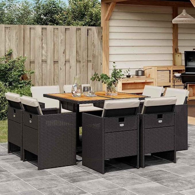 9-Piece Poly Rattan Garden Dining Set with High Back Chairs and Cushions, Black and Cream Finish, Seats Up to 8 Adults for Outdoor Patio