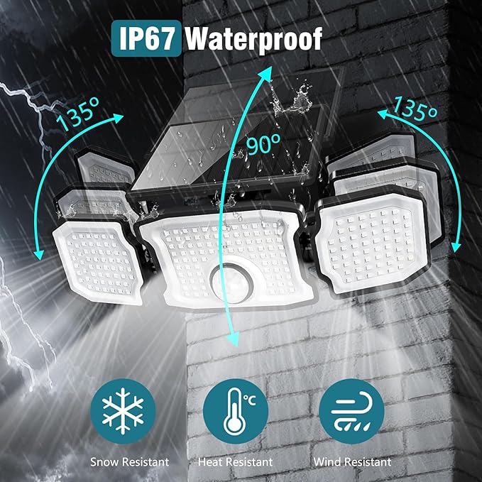 Solar Lights Outdoor Waterproof- 2800LM 200LED Solar Motion Sensor Lights, 3 Heads & 3 Modes Flood Lights, 270° Wide Angle Solar Powered Security Lights for Yard, Garage(1 Pack)