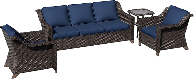 4 Pieces Patio Conversation Furniture Set - 1 Sofa, 2 Armchairs, 1 Side Table, Outdoor Wicker Furniture with Removable Cushions for Porch, Balcony, Sunroom (Blue)