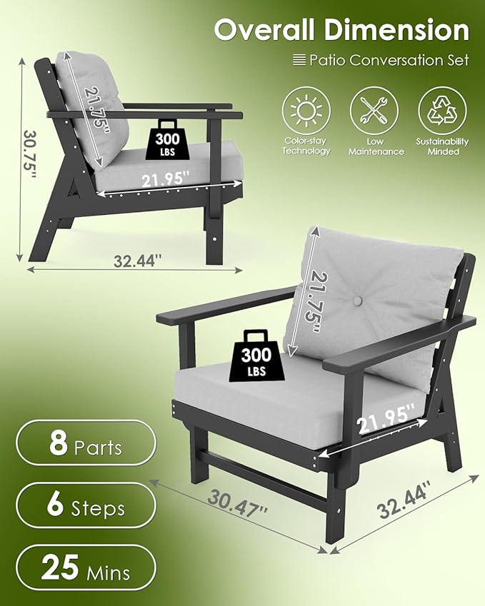 GREENVINES Outdoor-Couch-Set-of-2 | HDPE Plastic | Patio Sectional Conversation Sets | All Weather Couches | Sofa with Detachable Armrests | for Porch Deck Lawn | Black Frame Light Gray Cushion