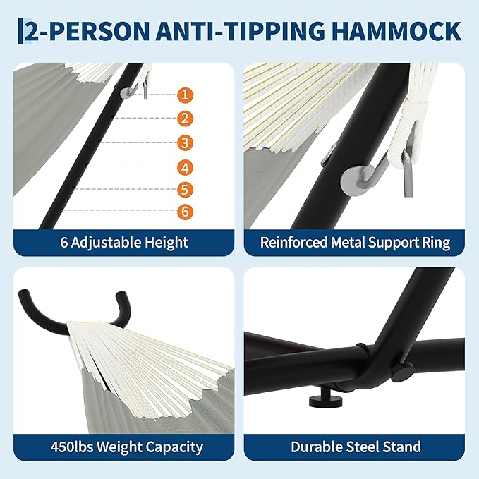 Double Hammocks with Stand for Outside, Portable Space Saving Heavy-Duty Steel Stand for Indoor Outdoor Patio with Carrying Bag, 450 lbs Capacity
