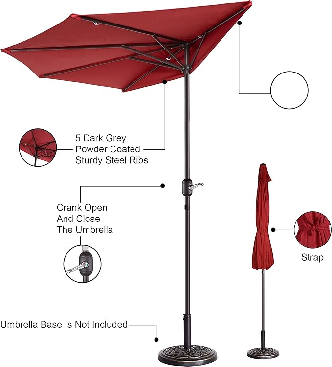 9' Outdoor Patio Half Umbrella with 5 Ribs, Fade Resistant Condo or Townhouse Umbrella by Pure Garen (Red)