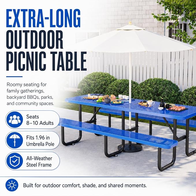 8FT Commercial Outdoor Metal Picnic Table with Umbrella Hole, Heavy-Duty Steel Patio Table & Benches, Seats 8-10 Adults, Weatherproof for Parks, Schools, Campgrounds & Backyards (Blue)