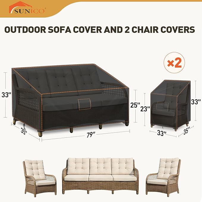 3 PCS Patio Furniture Covers Sets, 420D Waterproof Outdoor Chair Covers and Sofa Cover, Fits Outdoor 3 Seater Sofa 79"W x 35"D x33"H and Chairs 32"W x 35"D x 33"H, Triple Windproof and Anti-UV, Black