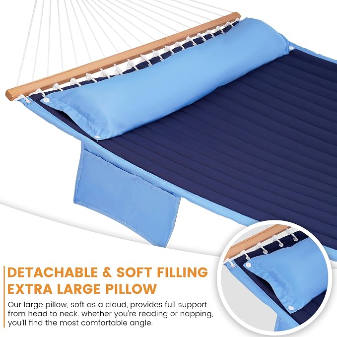 Lazy Daze Hammocks 2 Person Double Quilted Hammock with Spreader Bar, Detachable Pillow & Side Pocket, 450lbs Capacity for Patio Yard Garden Outdoor, Blue