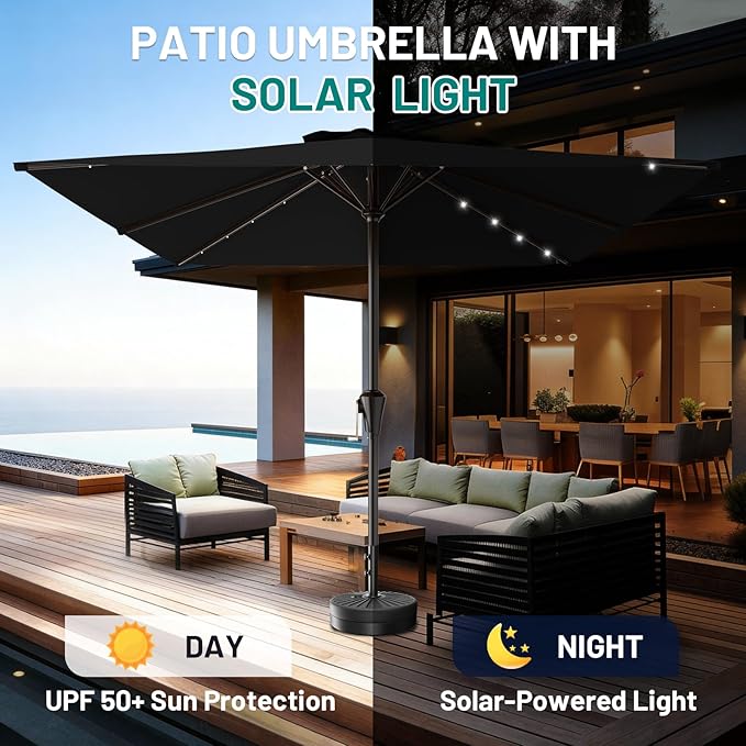 AreShark 8' X 10' Rectangular Patio Umbrella with Solar Lights, Lighted Solar Umbrella with Crank, Outdoor Table Umbrella for Garden, Deck, Backyard, Pool and Beach, Black
