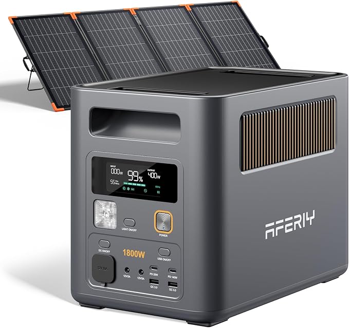 AFERIY Solar Generator 1800W with 400W Bifacial Solar Panel, 1024Wh LiFePO4 Portable Power Station, <10ms UPS, 3600W Peak, 14 Multi-Function Ports, Fast Charging for Home Backup, RV, Camping, Off-Grid