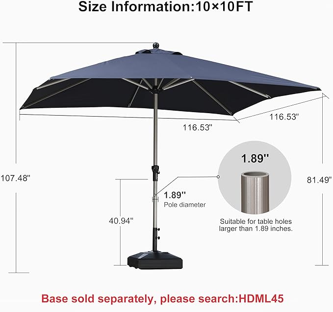 PURPLE LEAF 10' x 10' Square Patio Umbrella, Alumimum Outdoor Market Umbrella with 3 Year Fade Resistant, Pool Umbrella for Deck Garden, Patio, or Poolside, Lawn