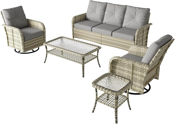 LazySunsets 7 Piece Outdoor Patio Furniture Set with Coffee Table, Wicker Rattan Outdoor Furniture with High Back Swivel Rocker Chairs, Outdoor Conversation Sets with Thick Cushions, Grey