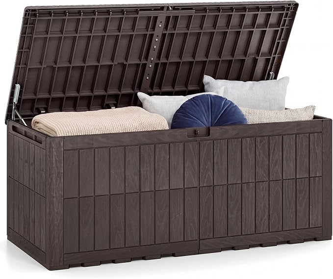 HAPPYGRILL 180 Gal Outdoor Deck Box, Lockable Storage Bin with Lid and Handles, Waterproof and Sun-Protective Patio Bench and Storage Box for Garden Tools Pool Supplies (Dark Brown, 180Gallon)