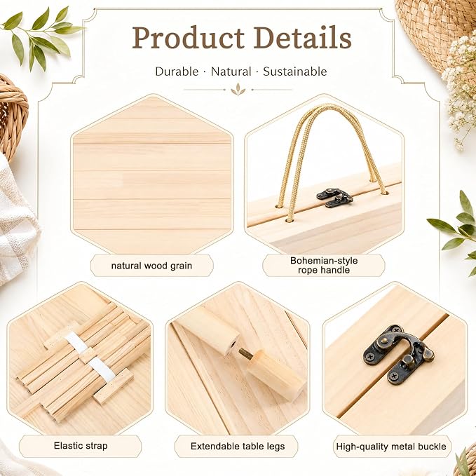60" x 30" Boho Folding Picnic Table Set with Blanket and Runner, Extra Stable Low Wooden Table, Adjustable Height Portable Floor Seating for 4-6 People, Wedding Photoshoot Beach Camping Party