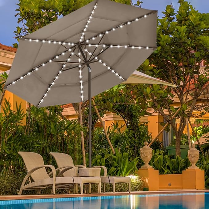 EliteShade USA 10-Year-Non-Fading 9ft 3-Tier Market Patio Umbrella, Commercial Table Umbrella with 80 Solar LED Lights, Crank Open, Windproof & UPF 50+ UV Protection for Garden, Deck, Pool, Backyard, Mushroom