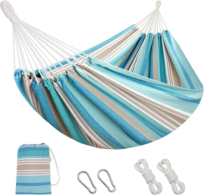 INNO STAGE 2 Persons Hammock with Tree Straps - Brazilian Double Hammocks, Portable Hanging Camping Bed for Patio, Backyard, Porch, Outdoor and Indoor Use Soft Cotton Carrying Bag, Blue, XX-Large