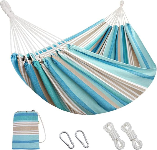 INNO STAGE 2 Persons Hammock with Tree Straps - Brazilian Double Hammocks, Portable Hanging Camping Bed for Patio, Backyard, Porch, Outdoor and Indoor Use Soft Cotton Carrying Bag, Blue, XX-Large