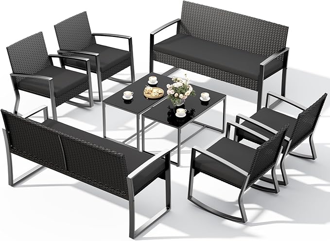 Ahomly 8 Piece Outdoor Patio Furniture Set, Wicker Patio Furniture with Glass Coffee Table, Modern Rattan Rocking Chairs Conversation Set, for Porch, Garden, Lawn,Black Cushion