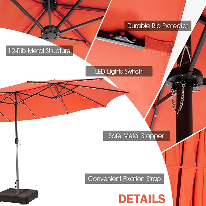 Giantex Large Outdoor Umbrella Double-Sided, 48 Solar Lights, Auto-Charging Solar Panel, Extra Large Patio Umbrella with Base and Crank, Outdoor Market Umbrellas for Poolside Garden