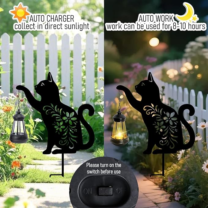 Bshine Cat Solar Light Outdoor Garden Decoration, Waterproof Metal Stake Black Outdoor Statue Lantern, Lawn Ornaments for Yard, Path, Patio, Sculpture Black Cat Memorial Gift