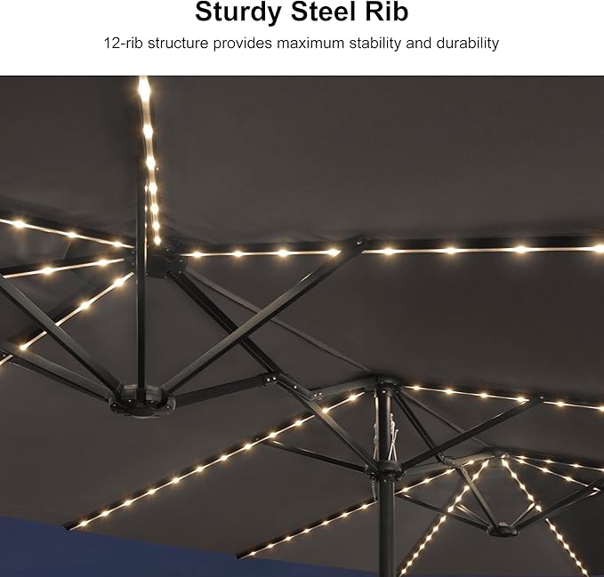 PURPLE LEAF 15ft Patio Market Umbrella with Solar LED and Base Double-Sided Rectangle Outdoor Table Sun Umbrellas with Crank for Pool Beach Deck Backyard Light Gray