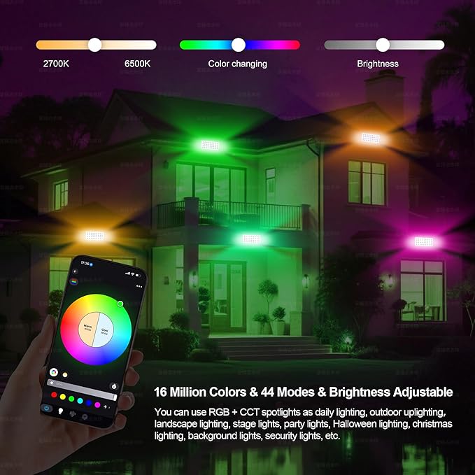 Smart Outdoor Color-Changing Flood Lights, RGBCW 360W Linkable LED Wall Washer with App & RF Control, 2700K-6500K Tunable White Dimmable, IP65 RGB Floodlight for House, Yard, Holiday Party