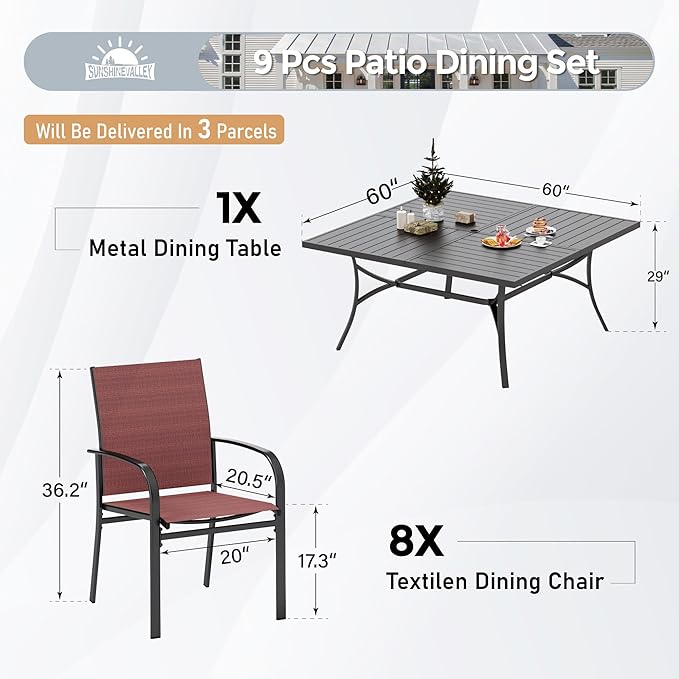 SUNSHINE VALLEY Patio Dining Set for 8, 60" x 60" Square Metal Table with Umbrella Hole, 8 x Stable Dining Chairs, Outdoor Table and Chairs Set for Lawn Backyard and Deck, Red