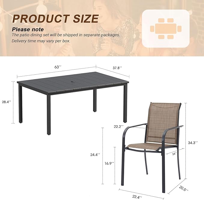 VICLLAX 7 Pieces Patio Outdoor Dining Set, 63" Rectangular Metal Dining Table with Umbrella Hole and 6 Stackable Textilene Chairs for Lawn, Garden, Porch, Black/Brown