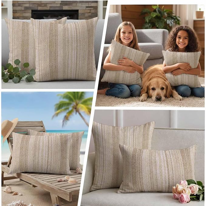 Abstract Beige Outdoor Pillow Covers Set of 2 Rustic Farmhouse Minimalist Beige Vertical Striped Lines Waterproof Throw Pillow Cover Decorative Cushion Cases for Patio Porch Garden 20X20 Inch