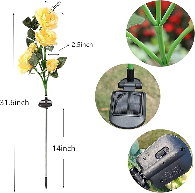 SmilingTown Solar Garden Stake Lights 2 Pack with 10 Rose Flowers Landscape Path Decorative Lights Waterproof for Outdoor Yard Grave Cemetery Pathway Courtyard Lawn (Yellow)