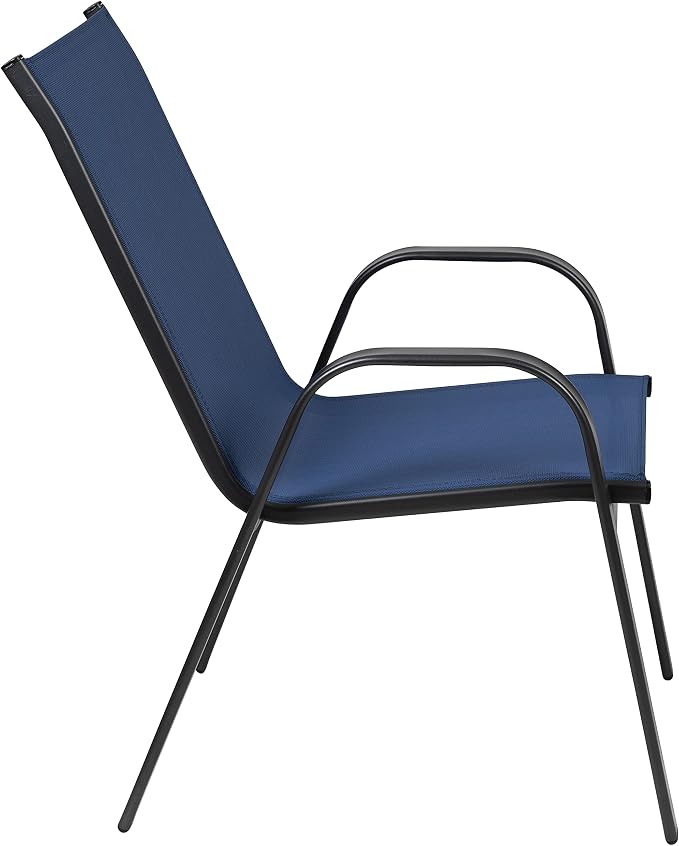 Merrick Lane Bardwell 5 Piece Outdoor Dining Table Set for 4 with Glass-Top Patio Table and 4 Stack Chairs with Flex Comfort Material in Navy