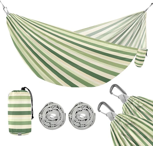 Camping Hammock Outdoor Hammocks for Outside Green Cream Stripe Beach Trees Portable Lightweight with Pockets Tree Straps Indoor