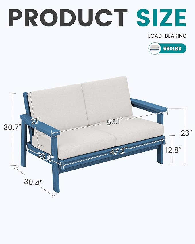 SERWALL Patio Furniture Set with 33” Fire Pit Table, HDPE Outdoor Sectional Sofa Set with Thickened Cushions, Blue Frame with Khaki Cushions