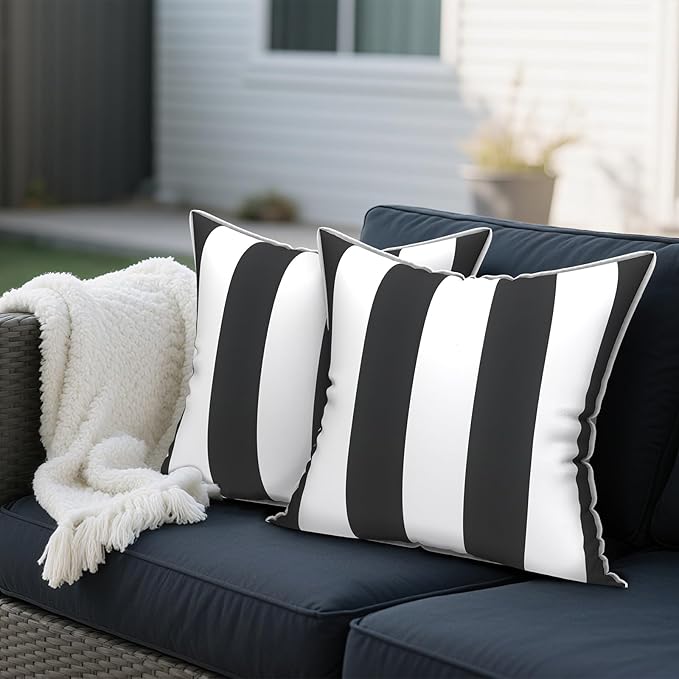 Outdoor Throw Pillows Inners, Fade Resistant Patio Furniture Square Pillows with Piping Set of 2 for Patio Furniture, 18x18 Inch, Cabana Black