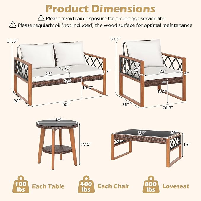 Tangkula 5 Pieces Wicker Patio Conversation Furniture Set, Outdoor Glass Coffee Tables with Acacia Wood Frame and Cushioned Armchairs for Deck, Garden and Backyard