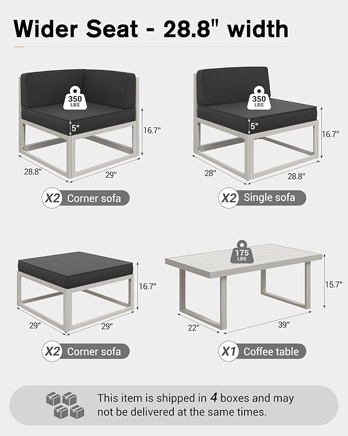 UDPATIO Aluminum Patio Furniture Set, Modular Oversized Outdoor Sectional of Olefin 5 inch Thick Cushion, Coffee Table and Waterproof Cover, Patio Conversation Sets for Porch, Deck