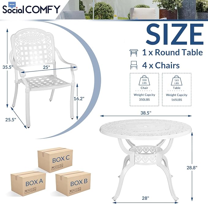 5-Piece Outdoor Patio Dining Set, All-Weather Cast Aluminum Furniture Conversation Set, Include 4 Chairs and a 38.5” Round Table with Umbrella Hole for Balcony, Lawn, Garden