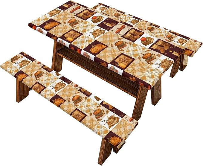 Fall Picnic Table Cover with Bench Covers 3 Piece Set 30 x 94 Inch Picnic Foldable Picnic Table and Bench Fitted Tablecloth Cover for Outdoor BBQ Holiday Party Camping