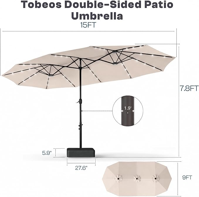 15ft Large Patio Umbrella with Solar Lights and Base, Double-Sided Outdoor Rectangle Umbrella with 48 LED Lights, Market Table Umbrellas with UV Resistant Canopy