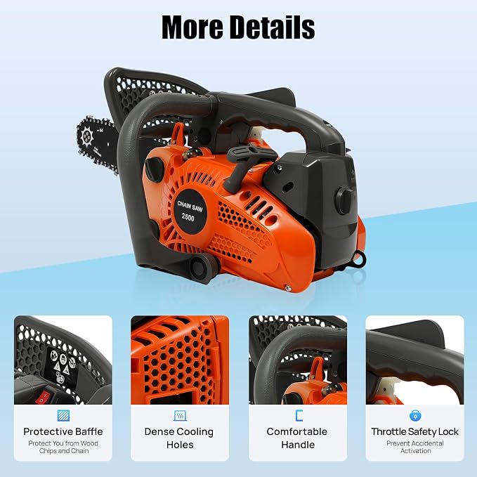 12'' Top Handle Chainsaw, 25.4cc Gas Powered Chainsaw, Gasoline Chain Saw for Trees Wood Cutting