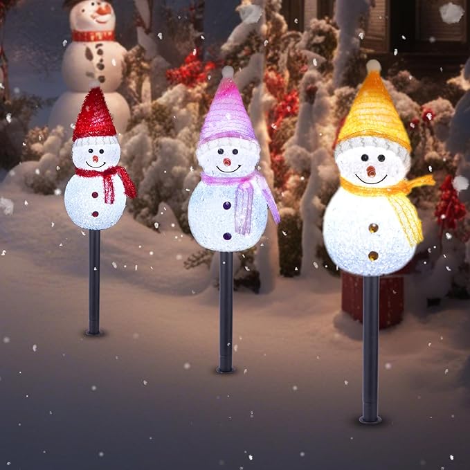 Solar Christmas Pathway Lights Outdoor Decorations, Set of 3 LED Snowman Stake Lights, Waterproof Walkway Landscape Light for Yard, Garden, Winter Decor (Red/Pink/Yellow Snowman, 3-Pack)