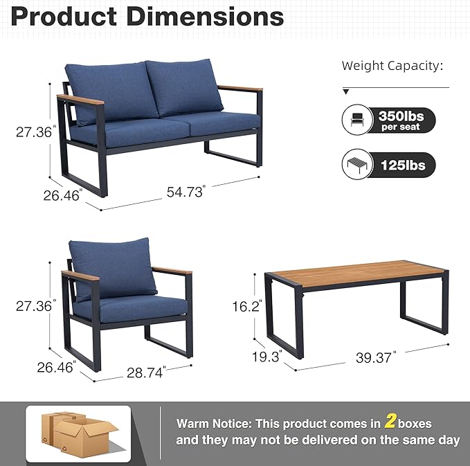 Patio Furniture Set, 4 Pieces Outdoor Patio Furniture with Coffee Table Set, Metal Patio Conversation Sets with Washable and High-Resiliency Sponge Cushions, Upgrade Blue