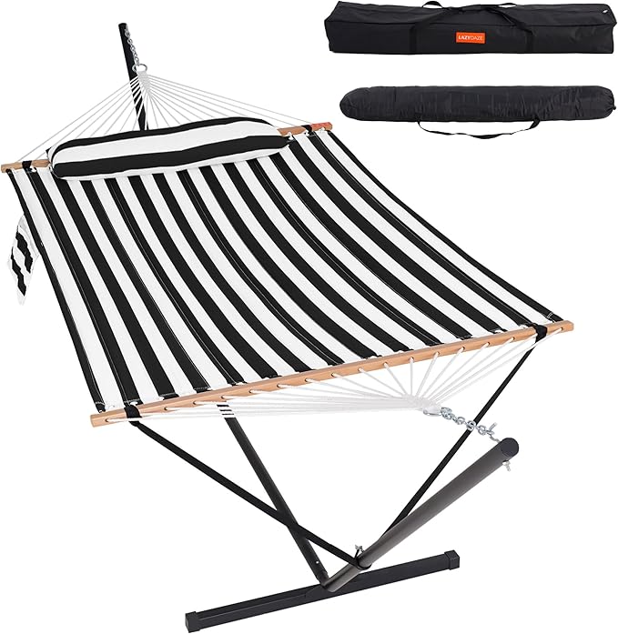 Lazy Daze Hammocks 2 Person Hammock with 12FT Stand for Outside, Quilted Double Hammock with Detachable Pillow, Balance Strap & Carrying Bag Included, 450lbs Capacity, Black Stripes