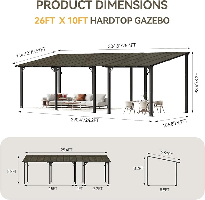 Aoxun 26' x 10' Pergola for Patio, Gazebo with Sloped Roof, Grill Pergola Large Wall-Mounted Heavy Duty Awnings, for Backyard, Deck, Patio