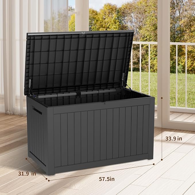 230 Gallon Waterproof Outdoor Resin Deck Box with Lockable Lid,Minimalist Wood Grain Pattern, Easy Assembly Features and Convenient Handles For Cushion, Pillows and other Patio Furniture(Black)