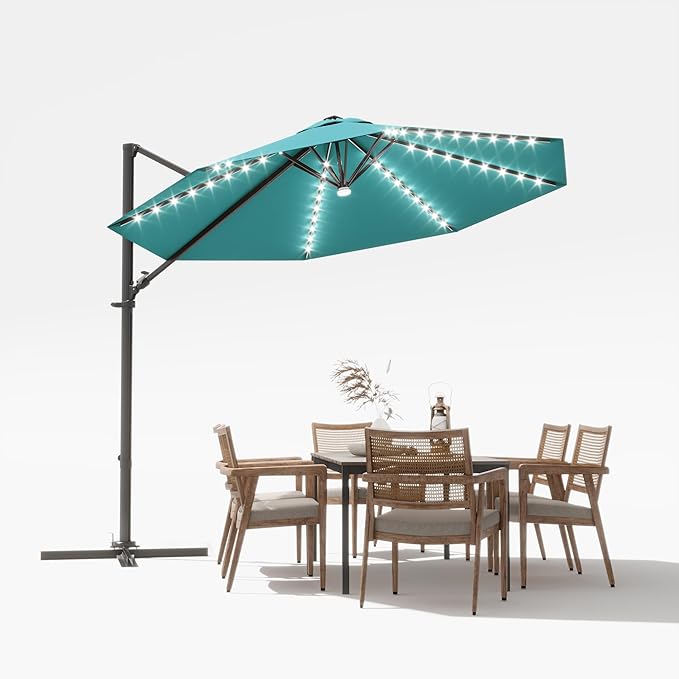 Devoko 10ft Solar LED Patio Umbrella, Round Cantilever Outdoor Umbrella with Solar Lights and 360-Degree Rotation, Large Hanging Offset Market Umbrella with Easy Tilt for Patio Deck Garden,Turquoise