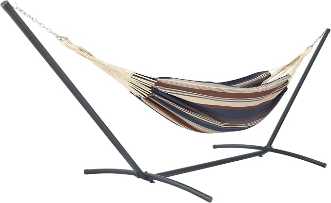 Classic Accessories Montlake Fadesafe Brazilian Hammock with Steel Stand, Heather Indigo Blue Multi-Stripe