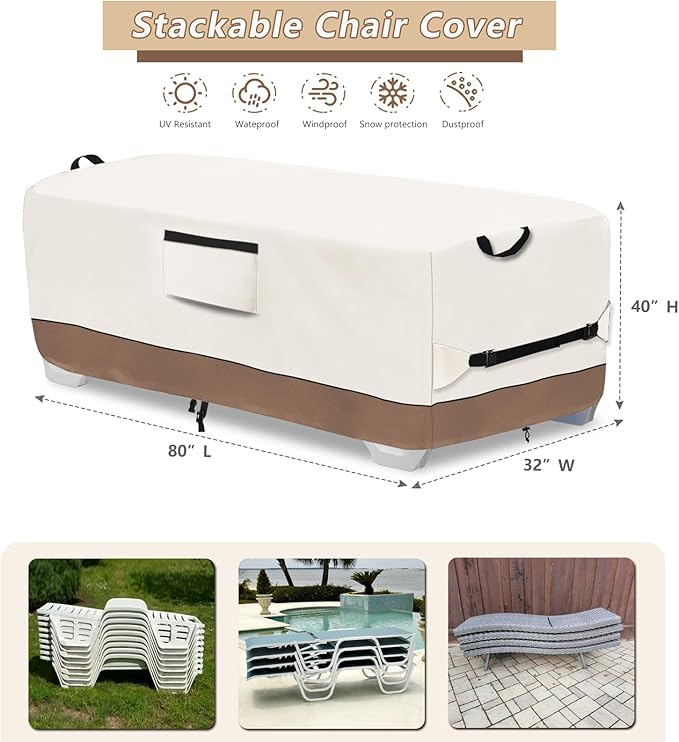 Outdoor Waterproof Lounge Chair Covers for 4-6 Stackable Patio Chaise Lounge Chairs,Heavy Duty Durable Chaise Loungers Cover for Stacked Pool Lounge Chairs,80'' L x 32" W x 40" H,Beige
